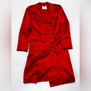 Emanuel Ungaro Bold Red Satin Double-Breasted Tuxedo Dress Coat Size 10 Vintage